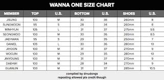 clothing size chart for each of the members wannaone