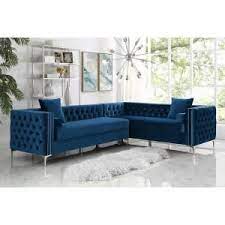 Inspired Home Olivia Navy Silver Velvet 4 Seater L Shaped Right Facing Sectional Sofa With Nailheads Cr01 02ny Hd The Home Depot In 2020 Corner Sectional Sofa Sectional Sofa Corner Sectional
