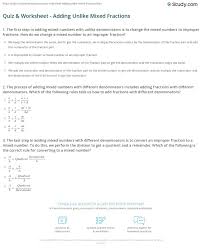 Quiz & Worksheet - Adding Unlike Mixed Fractions | Study.com