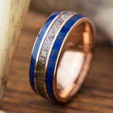Rose Gold Wedding Band With Lapis Lazuli And Deer Antler 3782 Antler Wedding Band Rose Gold Wedding Bands Diamond Wedding Bands