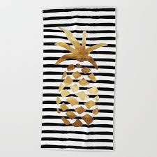 Black And White Striped Beach Towels Hit The Beach In Style With This Golden Pineapple On Black And White Stripes Beach Towel Ho With Images Beach Towel Striped Beach Towel Oversized Beach Towels