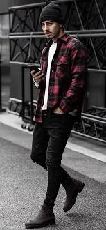 Black And White Flannel Mens Ianna27 With A Casual Fall Combo With A Red Black Plaid Flannel Shirt White T Shirt Black Beanie Black Shirt Outfit Men Black Outfit Men Dapper Mens Fashion