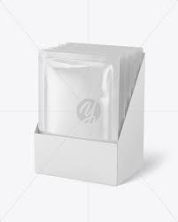 Download Glossy Sachets In Display Box Mockup In Sachet Mockups On Yellow Images Object Mockups PSD Mockup Templates