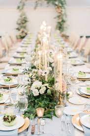 Wedding Table Setting Ideas Gold Blue Greenery Candles Runner Roses Flowers Beth Wedding Table Settings Wedding Gold Table Setting
