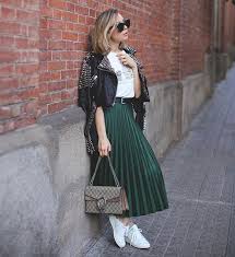 Pair A Dark Green Skirt With A White Tee A Leather Jacket And White Sneakers Skirt And Sneakers Green Skirt Outfits Pleated Skirt Outfit