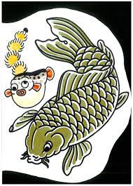 Japanese Traditional Fugu Fish And Green Koi Tattoo Drawing Flash Design Japanese Tattoo Art Traditional Japanese Tattoos American Traditional Tattoo