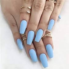 Amazon Com Fstrend 24pcs False Nails Matte Full Cover Medium Ballerina Coffin Natural Blue Acrylic Fake Nails Punk Christmas Party Prom Clip On Nail For Women And Girls Beauty Wear gold rings as well.