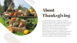 Happy thanksgiving with pumpkins apples and corncobs on wooden table with field trees and sky in background. Thanksgiving Day Google Slides