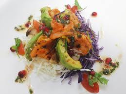 Place ¼ of the shrimp mixture on each of the lettuce beds. Seared Marinated Prawn Salad J65 Healthxchange