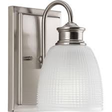 Bronze, glass, nickel, metal, stainless steel. Progress Lighting Lucky Collection 1 Light Brushed Nickel Frosted Prismatic Glass Coastal Bath Vanity Light P2115 09 The Home Depot
