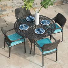 Gentilly 5 Piece Wicker Patio Dining Set W 48 Inch Round Table Sunbrella Canvas Aruba Cushions By Lakeview Outdoor Designs Bbqguys Patio Dining Set Outdoor Design Outdoor Bar Table