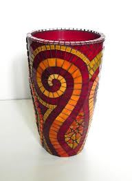 Mosaic Art Grand Vase En Mosaique De Verre Teinte Sur Ceramique En Rouge Et Jaune Jarra En Mosaico Vidrio En Mosaico Macetas Mosaiquismo