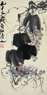 齐白石 葡萄图 作品笔势沉厚 用笔极富变化 叶片用大笔湿墨挥写 后以浓墨钩筋 墨色淋漓变幻 气魄雄浑奔放 藤蔓出之以干涩之 笔 内含筋骨 笔法调动了轻与重 干与湿 疏与密等形式美的各种对比因素 将之巧妙的统 chinese art painting sumi e painting