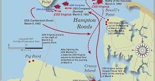 Close up of map showing the hampton roads area and depicting the march 9, 1862 battle between the uss monitor and the css virginia (formerly the merrimack). Ironclads And The Battle Of Hampton Roads Stampsy