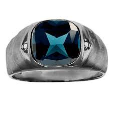 Men's Diamond Antique Cut London Blue Topaz Ring In Black Rhodium White Gold - Gemologica,
