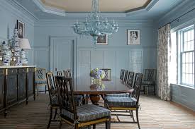 Victorian style homes are most commonly two stories with steep roof pitches, turrets and dormers. Blooming New York Dining Room Paint Ideas With Chair Rail Victorian Dining Room Formal Recessed Ceiling Wooden Table Furniture Sash Window Blue Chandelier Black Console