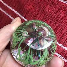 Beautiful clear glass round paperweight with gorgeous orange flowers and dragonflies inside. Vintage Glass Paperweight With Pink And Purple Flowers Inside Hand Blown Glass Office Collectible Display Carol S True Vintage And Antiques