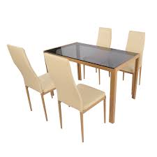 The modern chairs are upholstered in faux leather in two tone with chrome legs. China Kitchen Dining Room Furniture Modern Glass Dining Table Set With Rectangle Glass Top And Wood Printed Transfer Metal Legs Photos Pictures Made In China Com