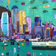It May Be So 2014 Painting Home Decoration Illustration Hongkong City Ifc Ferry Turqoise Skyline Bui Hong Kong Art Cityscape Art Mixed Media Canvas