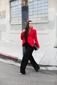 Black And White Striped Jumpsuit With Jacket Dressed Up In Downtown Black Jumpsuit A Red Blazer Red Blazer Outfit Red Blazer Casual Summer Outfits