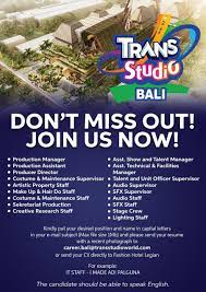 Memasuki bulan september 2016 trans studio bandung memberikan promo beli 1 tiket gratis 1 tiket. Lowongan Kerja Trans Studio Bali Kaskus