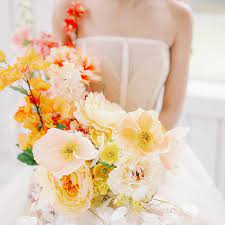 Two abstract pink flowers with leaves and fresia isolated on white. 15 Fresh And Playful Poppy Wedding Bouquets