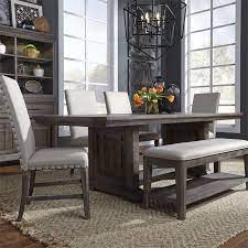 Each dining chair is upholstered in plush velvet with gold nailhead trim. Liberty 823 Dr Artisan Prairie Trestle Table Dining Room Set With Upholstered Chairs And Bench