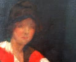 Portrait of an Elegant Lady wearing a multi coloured Shawl and Hat seated  in a Chair