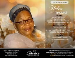 Helen Thomas🕊️online condolences may be sent to the family at Glover's  Funeral Home. Funeral Service for Mrs. Thomas will not stream live.