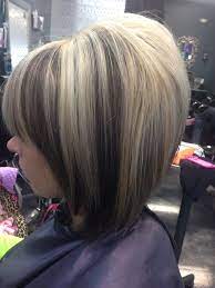 Mainly Blonde Blonde Hair Chunky Brown Lowlights Chunky Low Lights Inverted Bob Short Hair B Hair Highlights And Lowlights Mom Hairstyles Hair Highlights