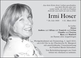 On march 24, 2020, a statue of bob and doug mckenzie was erected in edmonton, alberta. Traueranzeigen Von Irmi Hoser Trauer Merkur De
