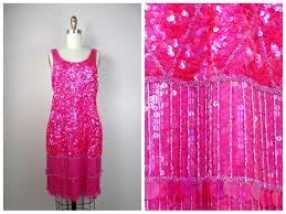 S M Hot Pink Glam Fringe Beaded Dress Vintage Sequin Etsy In 2020 Beaded Dress Dresses Tassel Dress