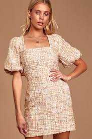 First Thought Pink Multi Boucle Puff Sleeve Bodycon Dress In 2020 Bodycon Dress With Sleeves Puff Sleeve Dresses Pretty Midi Dresses