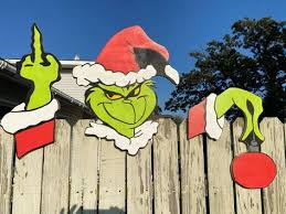 Grinch Stealing Ornaments And Giving The Finger Peeping Over Etsy Grinch Christmas Decorations Christmas Props Wood Christmas Decorations