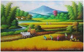 80 cm x 60 cm tekstur : Gambar Lukisan Pemandangan Sawah Padi Pemandangan Lukisan Gambar