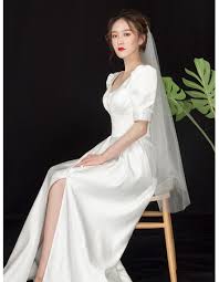 You can also choose from organza, tulle, and satin puff. Pretty Scoop Neckline Satin Wedding Dresses With Puff Sleeves And Button Detail Us 128 59 Buybuystyle Com