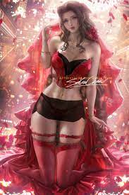 Lack of Life — sakimichan: #Aerith #FF7 Red gown lingerie pinup...