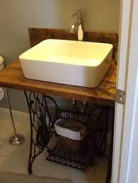 Small metal bathroom tables vanity singer. Singer Sewing Machine Base Repurposed Into Bathroom Vanity With Vessel Sink Diy Sewing Table Bathroom Decor Diy Bathroom