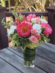 Flower Arrangement With Coral Peonies Lisianthus Spray Roses Snap Dr Hydrangea Flower Arrangements Spring Flower Arrangements Artificial Flower Arrangements
