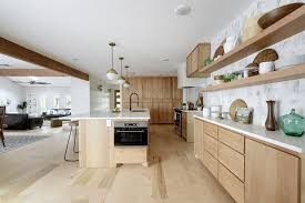 Open Kitchen With Flat Front Natural Alder Wood Cabinets Light Wood Floors Globe P Natural Wood Kitchen Cabinets Wood Kitchen Cabinets Alder Kitchen Cabinets