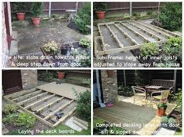 In australia the term is expanded to include roofed structures such as a veranda. Building Decking Over Uneven Patio Slabs To Create A Sunny Sitting Area Constructed By Tony Petford Concrete Patio Sloped Backyard Building A Deck