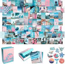 I'm going for a wallpaper collage with a neutral color . Blue Aesthetic Wall Collage Kit 100 Set 4x6 Inch Pink Vsco Room Decor For Teen Girls Summer Beach Wall Art Print Dorm Photo Collection Small Posters For Room Aesthetic Home Kitchen