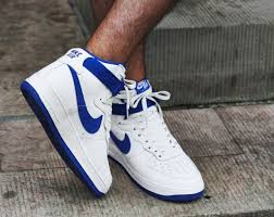 See each colorway for specific materials. Nike Air Force 1 High Og White Blue Sneakerfiles