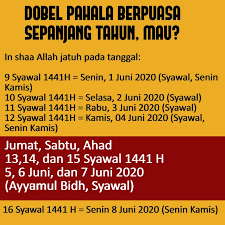 Untuk puasa ayyamul bidh dilaksanakan tanggal 13,14, dan 15 setiap bulannya dalam kalender islam. Memungkinkan Memperoleh Pahala Berpuasa Sepanjang