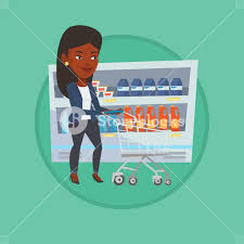 Woman walking with cart on aisle at supermarket. Woman pushing an empty  supermarket cart. Woman shopping at supermarket with cart. Vector flat  design illustration in the circle isolated on background. Royalty-Free Stock