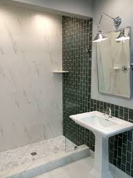 Lay bathroom wall tiles vertically when you want your room to look taller. This Modern Bath Uses Marble Floors With Ceramic And Glass Wall Tiles Vertically Installed Antique Mo Wall Tiles Design Bathroom Wall Tile Bathroom Glass Wall