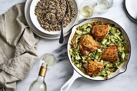 Crispy Chicken Thighs Over Melted Zucchini Recipe Recipe Crispy Chicken Thighs Recipes Crispy Chicken
