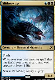 On entry, you draw a card and the enchanted unit basically gains hexproof, preventing foes from targeting them with spells or abilities—use this to shield your ace monsters. Slitherwisp Iko Mtg Card
