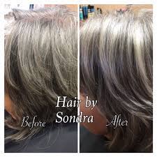 No Need For Dull Gray Hair Sondra Lightened And Brightened Her Client S Gray Hair By Highlighting With Re Brighten Gray Hair Silver Hair Coloured Hair Spray