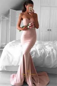 Simple Pale Pink Strapless Sweetheart Lace Top Satin Long Mermaid Gown Blush Prom Dress Pink Prom Dresses Mermaid Prom Dresses Sleeveless